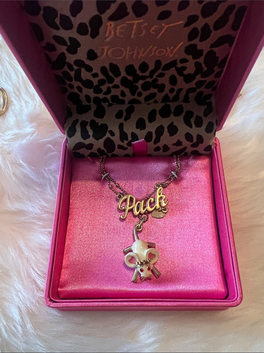 Betsey Johnson Gold Tone 'Pack' Necklace with White and Pink Enamel Mouse Charm